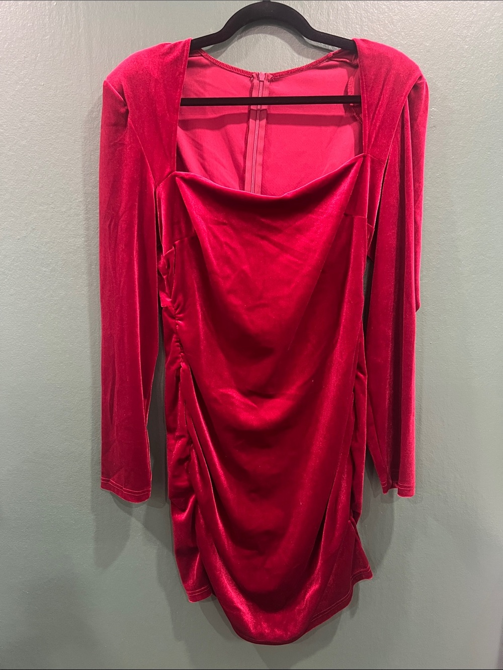 Red Velvet Long-Sleeve Ruched Mini Dress